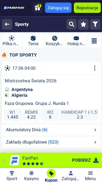 Zakłady sportowe w aplikacji FairPari